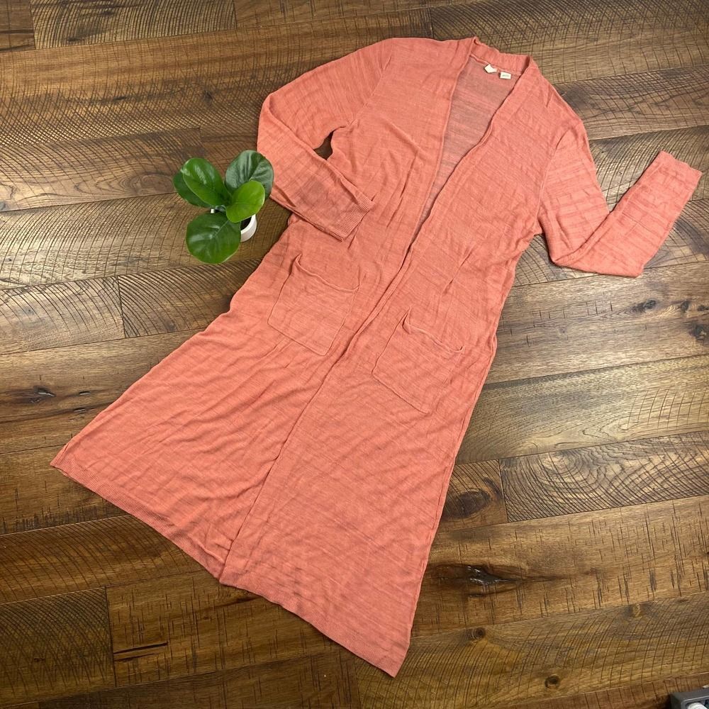 ANTHROPOLOGIE MOTH Large Early Sun Long Woven Cardigan Coral Duster Knit sweater